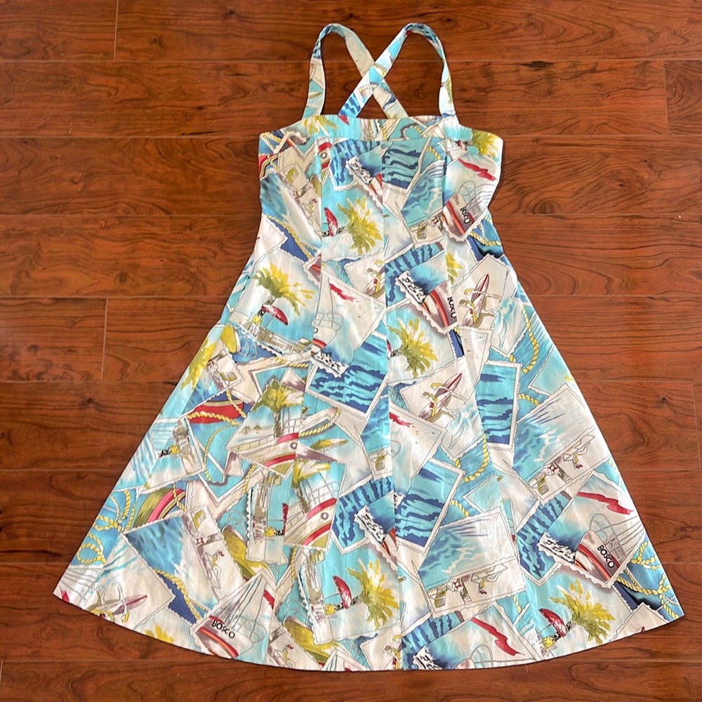 Depeche Mode White and Blue Sleeveless Vacation Palm Tree Boat Summer Dress